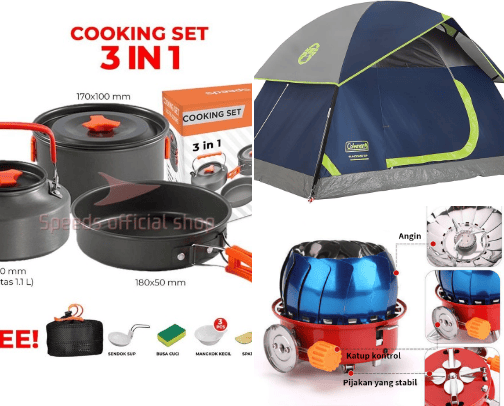 outdoor equipment for camping and hiking cover photo collage
