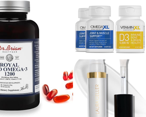 @AMAZON, ESSENTIALS like Dr. BRIAN ROETTGER Royal Red Omega -3 Fish Oil Dietary SUPPLEMENTS also get AMAZON PRIME cover photo collage