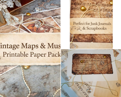 Craftymess - Vintage Maps Music Printable Paper Pack – Old Backgrounds, Sheet Music (Digital Download) cover photo collage
