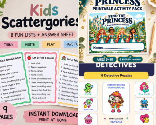 Printable Games & Activities for Kids: Puzzles & Journals cover photo collage
