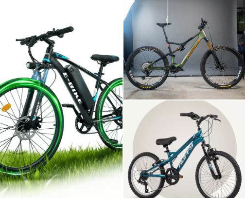 bikes and e-bikes ! all the things you need to have fun and be safe too like helmets . cover photo collage