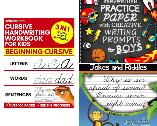 Read Free - Cursive Handwriting Workbook for Kids Ages 8-12 with Jokes & Riddles for Boys: Penmanship Practice Paper and Script Writing Book for Beginners companion picks for fun cursive practice cover photo collage