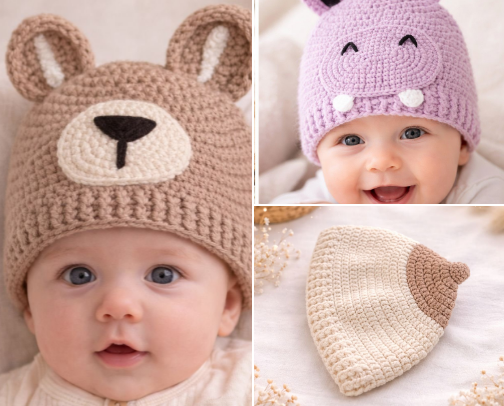 Gorros de crochet 100% hechos a mano para crear momentos divertidos con tu bebe👶 cover photo collage