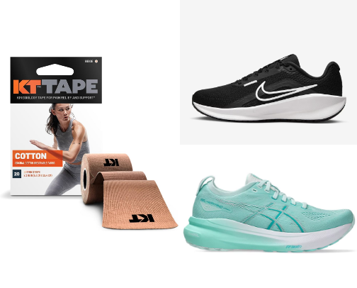 Running shoes and shin splint treatments cover photo collage