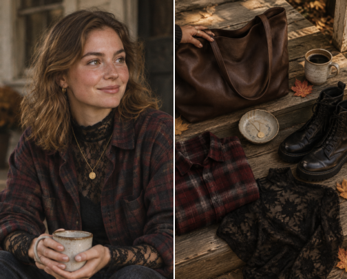 Easy and Cozy Fall Outfit Idea | Flannel, Lace and Combat Boots cover photo collage