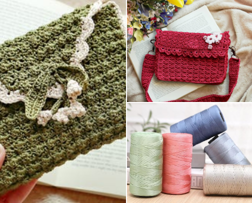 Crochet Book Clutches and Materials for Handmade Bags and Accessories cover photo collage