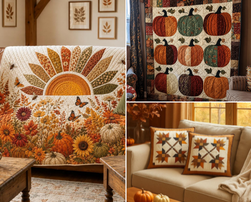 Cottagecore Autumn Quilts | Vintage Patchwork, Floral & Fall Bedding cover photo collage