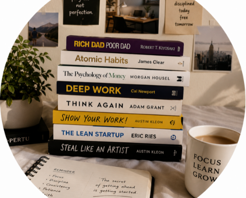 The Beginner's Library: Essential Books for Money, Creativity & Personal Growth cover photo collage