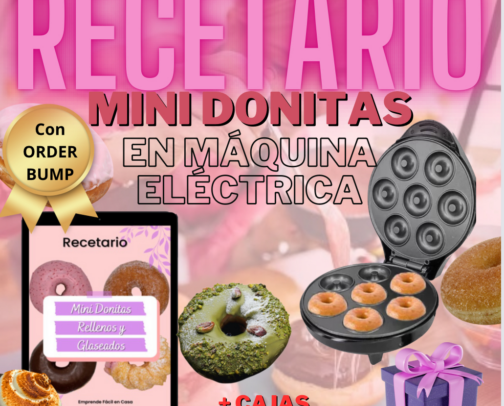 Recetario Mini Donitas en Maquina Eléctrica + Cajas y Toppers Imprimibles / Mini Donut Recipe Collection for Electric Maker + Printable Boxes and Toppers cover photo collage