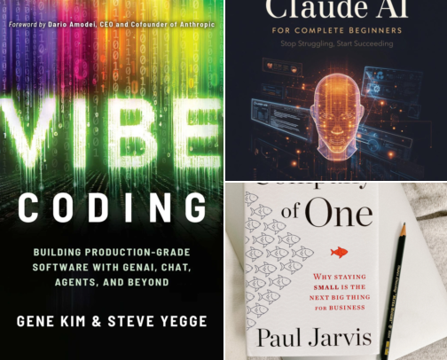 Books for a One-Person Shop: AI, Shipping, Staying Small cover photo collage
