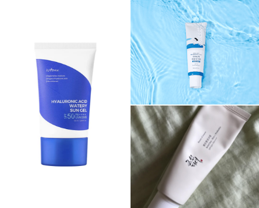 •	🌿 Isntree Hyaluronic Acid Watery Sun Gel 	
•	🌊 Round Lab Birch Juice Moisturizing Sunscreen 	
•	🍯 Beauty of Joseon Relief Sun: Rice + Probiotics 	
•	🌞 Thank You Farmer Sun Project Water Sun Cream 	
•	🏜️ Skin1004 Madagascar Centella Hyalu-Cica Water-Fit Sun Serum 	
•	✨ Canmake Mermaid Skin Gel UV (Japanese touch) cover photo collage