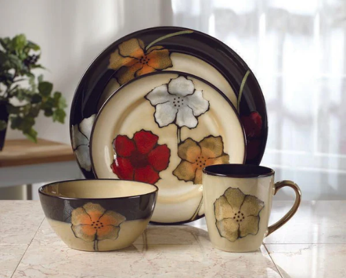 Pfaltzgraff Painted Poppies 16-Piece Stoneware Dinnerware Set, Service for 4, Tan/Assorted - cover photo collage