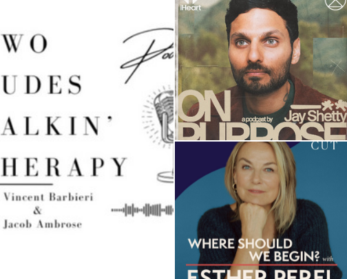 Podcasts about money, therapy, and cultural affairs cover photo collage