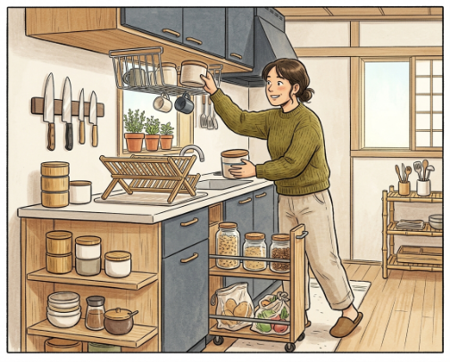 Earthy Japandi Small Kitchen Storage & Space-Saving Essentials cover photo collage