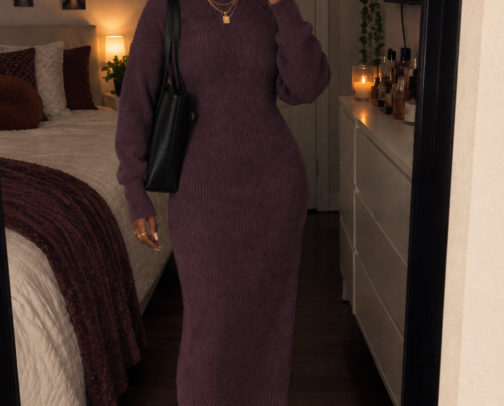Plum Purple Fall Outfit 💜🍂 | Cozy Knit Dress & Knee-High Boots cover photo collage