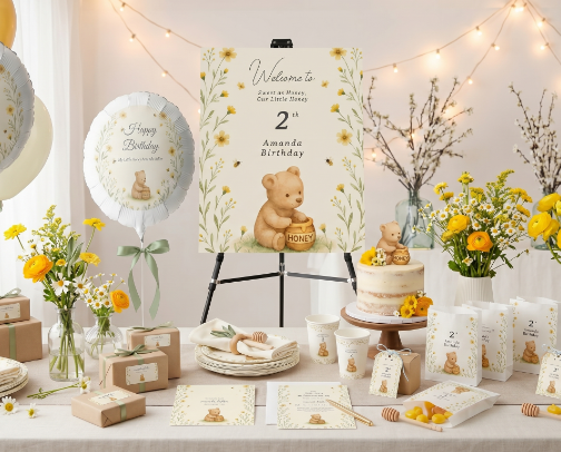 Honey Bear Floral Baby Birthday Decorations & Party Supplies cover photo collage