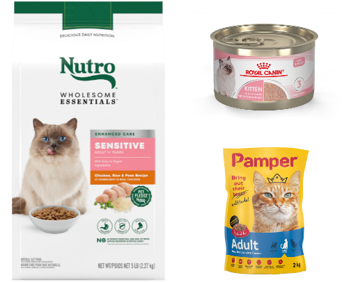 Catfood and treats for your purrfect friend. cover photo collage