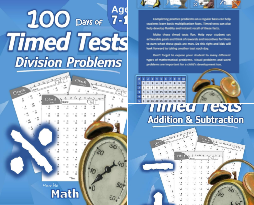 Read Online - Humble Math - 100 Days of Timed Tests: Division: Grades 3-5, Math Drills, Digits 0-12, Reproducible Practice Problems for confident elementary division skills cover photo collage
