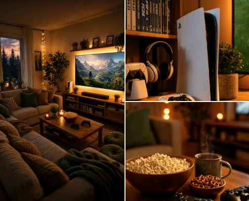Cozy Gaming Living Room Essentials 🎮🛋️ cover photo collage