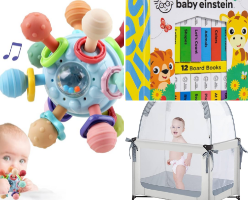 A peek inside the toy box and all the gadgets you need to survive parenthood! cover photo collage