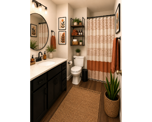 Modern Boho Bathroom Decor | Terracotta, Black Fixtures & Natural Spa Aesthetic cover photo collage