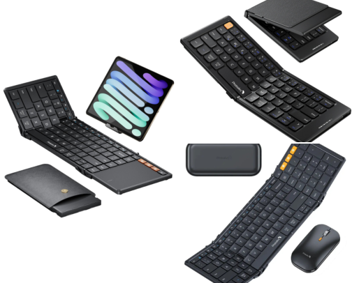 Laptop travel kit: foldable keyboards, a compact mouse, a touchpad and USB-C hubs cover photo collage