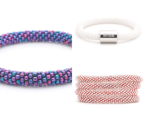 Sashka Co glass glass-beaded bracelet was hand-crocheted by a skilled artisan in the Kathmandu Valley of Nepal. It features a smooth roll-over design and a spiral pattern with mixed iridescent and clear glass beads. Sashka Co. Bracelets make amazing friendship bracelets and support fair trade, helping women in Nepal rise above poverty cover photo collage