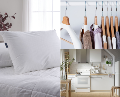 Home kitchen and bed cover photo collage