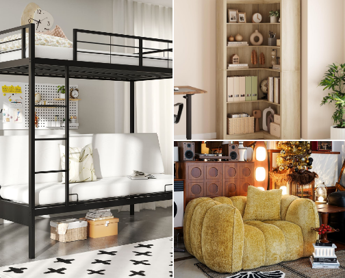 Comfort Meets Style: Essential Couches, Beds, Shelves, Tables &  Candles for Every Home🏡 cover photo collage