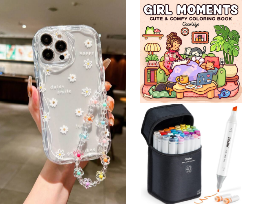 Home decor, makeup brushes, phone cases, coloring books, art supplies and many more!🌸 cover photo collage