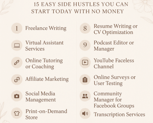 The Zero-Cost Hustle List: 15 Easy Side Hustles You Can Start Today with No Money cover photo collage