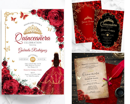 Quinceanera Invitations - Red / Burgundy cover photo collage