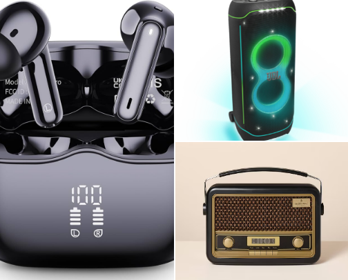 Electronics, Speakers, Bluetooth Earbuds cover photo collage