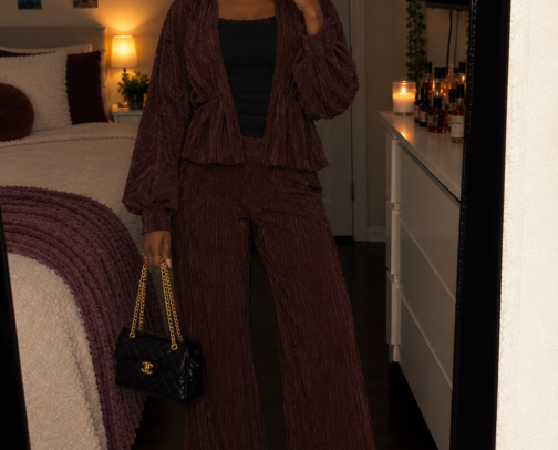 Chocolate Brown Fall Outfit 🤎 | Chic Two-Piece Set & Black Accessories cover photo collage