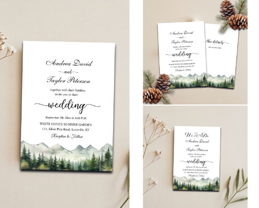 Watercolor Mountains and Pines Wedding Collection cover photo collage