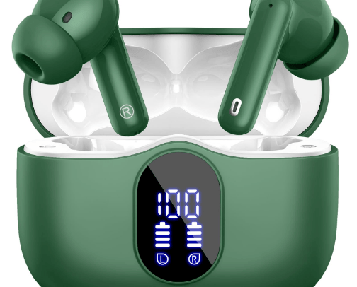 Wireless Earbuds, Bluetooth 5.3 Headphones Bass Stereo, Ear Buds with Noise Cancelling Mic LED Display, IP7 Waterproof in Ear Earphones, 36H Playtime for Laptop Pad Phones Sports Workout, Black cover photo collage