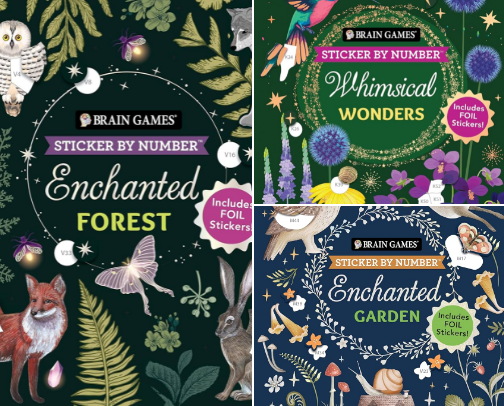 Download - Brain Games - Sticker by Number: Enchanted Forest (24 Images to Sticker): Includes 2 Foil Sticker Sheets to Complete Each Image! for Relaxing Creativity cover photo collage