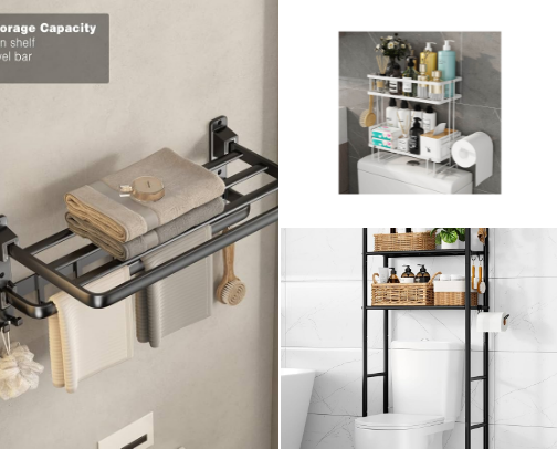 Over the toilet storage racks for tiny bathrooms cover photo collage