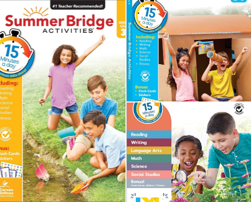 Read Now - Summer Bridge Activities 3rd to 4th Grade Workbook, Activity Book with Math, Reading Comprehension, Science, Fitness, Social Studies, Writing Practice, and Flash Cards (Volume 5) summer learning guide cover photo collage