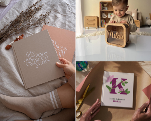 My ‘go to’ gifts for baby’s 1st birthday. Keepsake and practical options cover photo collage