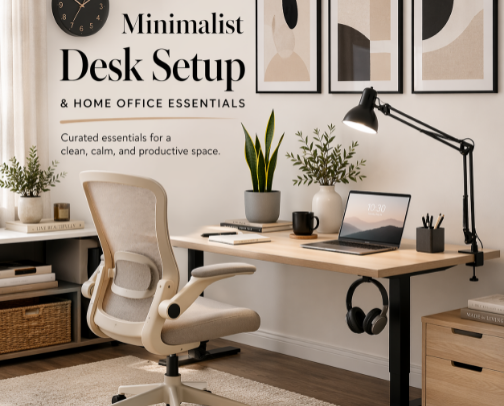 Minimalist Desk Setup & Home Office Essentials cover photo collage