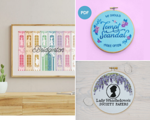 Regency Elegance: Bridgerton Cross Stitch Patterns cover photo collage