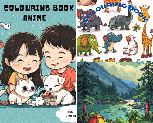 Colouring Books- Unicorns & Fairies, Animals, Anime, Camping, Combat, Alphabet & Numbers - for all ages! cover photo collage