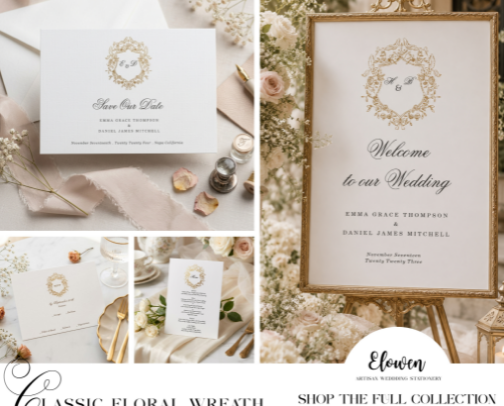 Elegant Ivory & Gold Monogram Wedding Collection – Timeless Floral Wreath Stationery cover photo collage