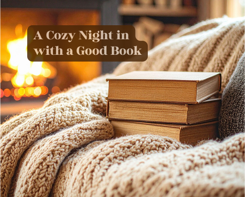 Cozy Night in with a Good Book cover photo collage