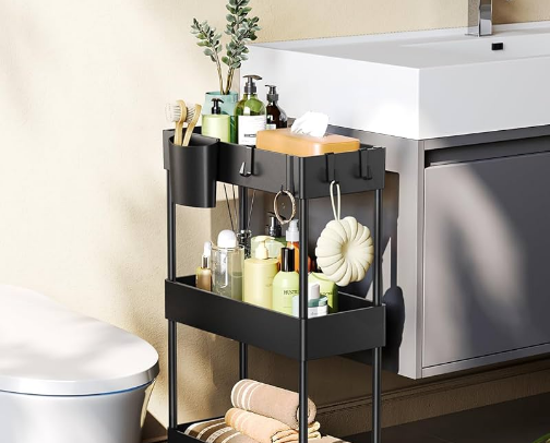 Rolling storage cart, slim design for convenience in any room. cover photo collage