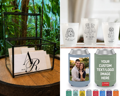 Wedding Day Goodies - cups, koozies, drink stirrers, card boxes, guest books, napkins, dance floor props, bridal suite cover photo collage