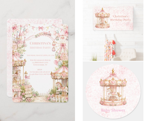 Pink Carousel Princess Birthday Party cover photo collage