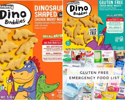 Gluten Free dino nuggets and gluten free food cover photo collage