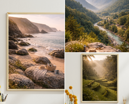 Calm Mediterranean Wall Art – AuszeitFRAU Atelier cover photo collage